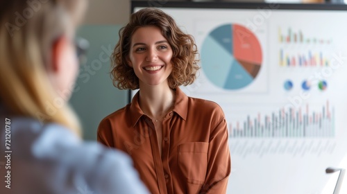 Big data analysis and fintech e-commerce concept with successful caucasian woman as executive director presenting growth statistics to diverse conference meeting members in the office with graphs