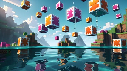 Rollo Minecraft Schwebende Voxel-Blöcke über Wasserfläche  © Janis