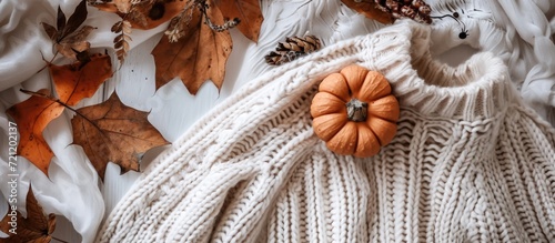 Autumn-themed flat lay with cozy sweater, pumpkin, and dried leaves representing fall's slow living. © 2rogan