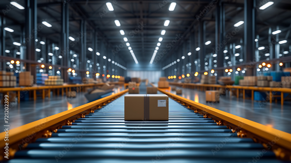 Professional warehouse photography of a box in a logistics setting on a conveyor.
