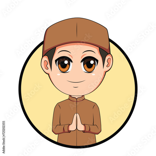 Muslim Boy Kid Smiling and Happy with welcoming hands gesture, vector cartoon illustration