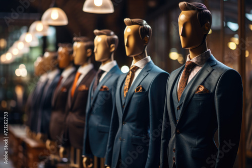 Row of mannequins in suits and ties in a shopping mall