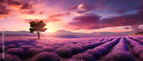 Lavender flower blooming field at sunset. Horizontal banner © Michael