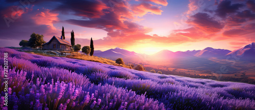 Lavender flower blooming field at sunset. Horizontal banner