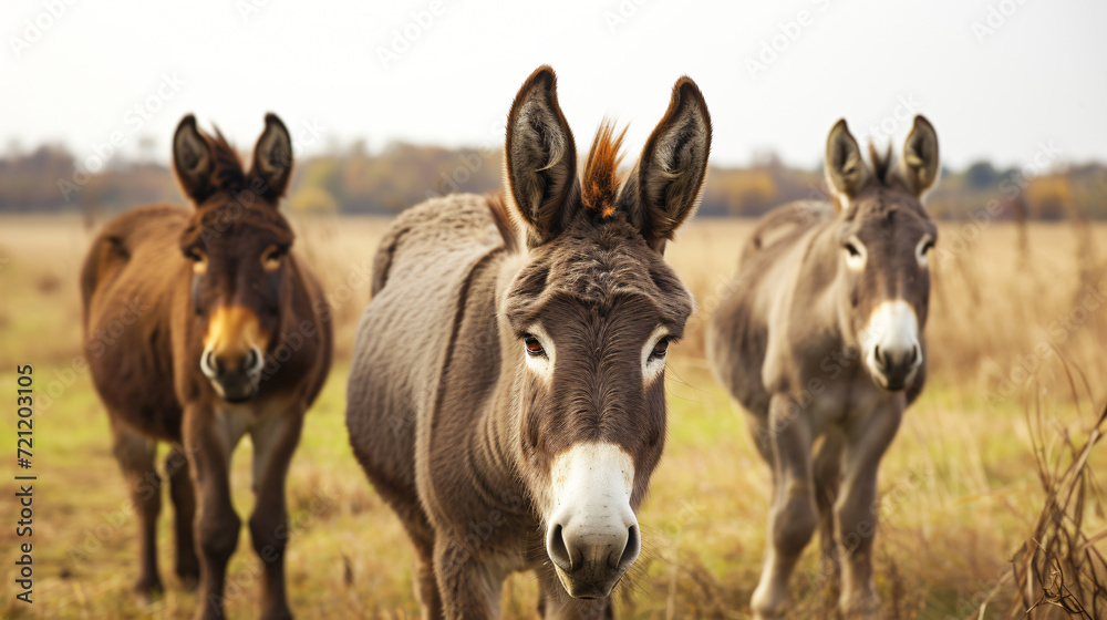 Brown donkeys standing on grass