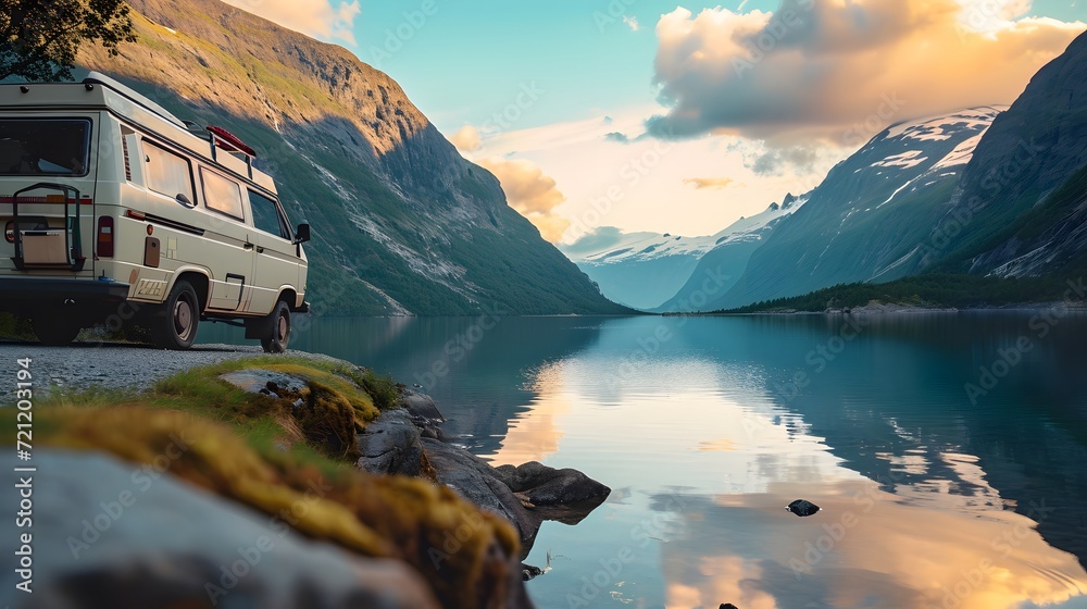 panorama of the mountains and lake, captivating image of a camper van parked by a lake, symbolizing the freedom of road trips and outdoor adventures