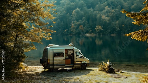 truck on the road, captivating image of a camper van parked by a lake, symbolizing the freedom of road trips and outdoor adventures