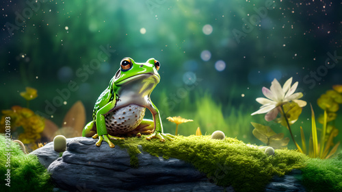 Frog sitting on a branch in the rainforest. Wildlife scene from nature. 3D rendering © Iwankrwn
