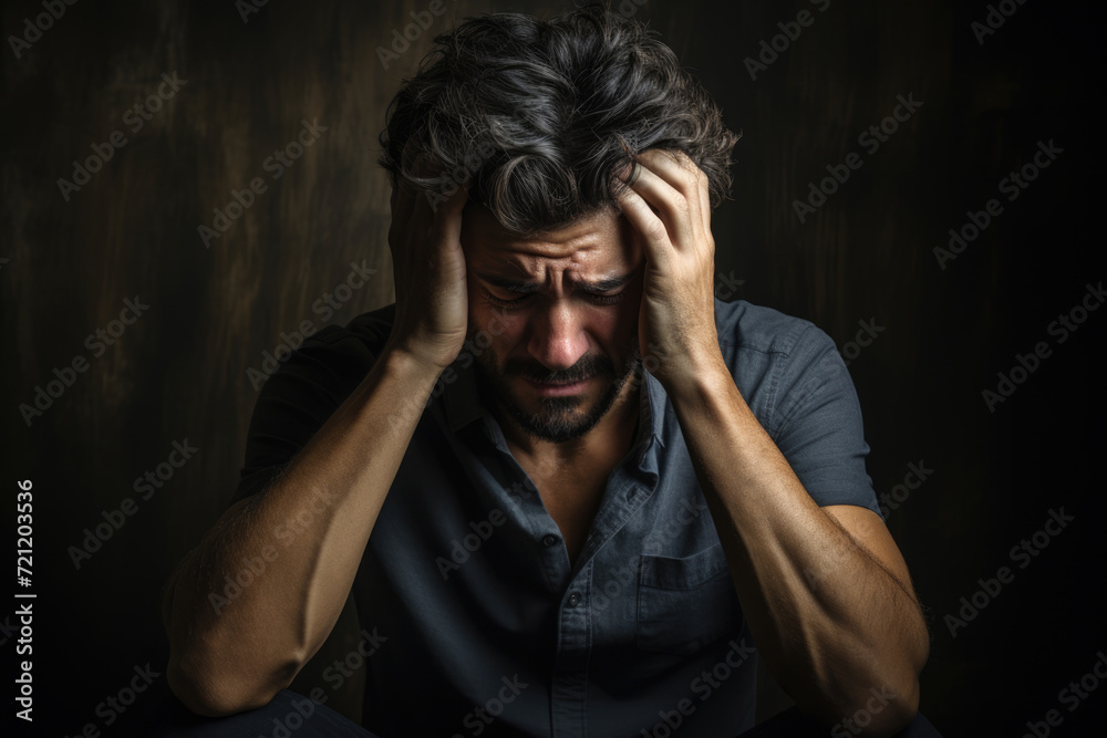 Man with head pain squeezing head with hands Man with head pain squeezing head with hands