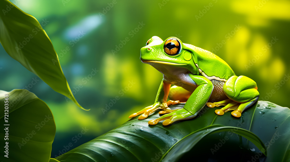 Frog sitting on a branch in the rainforest. Wildlife scene from nature. 3D rendering