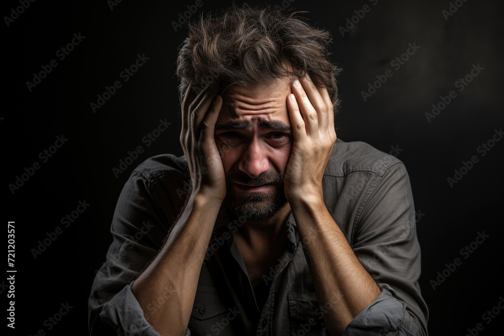 Man with head pain squeezing head with hands Man with head pain squeezing head with hands