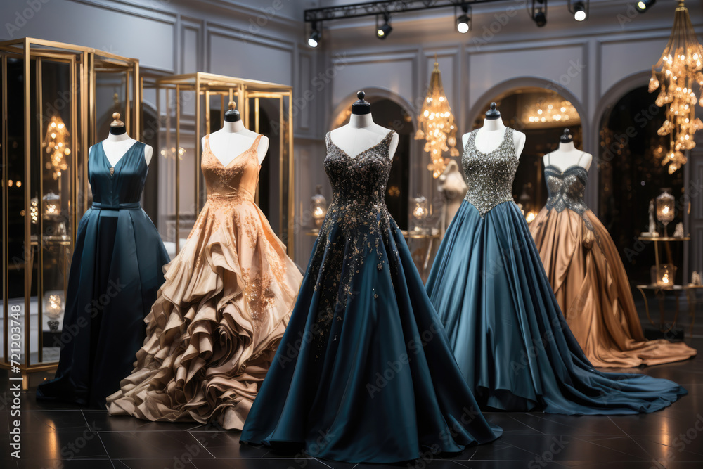 Naklejka premium Elegant luxurious dresses on mannequins in a store