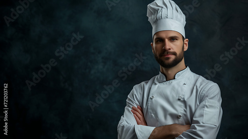 Professional photography of a chef in whites on a dark background