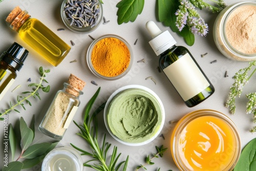 Natural herbal skincare products ingredients from top view photo