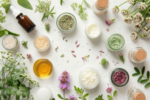 Natural herbal skincare products ingredients from top view photo