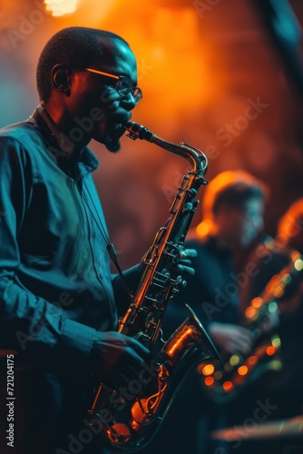 Portrait of Jazz Band playing on Stage African woman song on a blurred background minimalism copy space