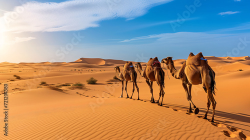 Camel family walking in desert at merzouga