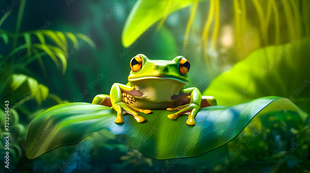 Frog sitting on a branch in the rainforest. Wildlife scene from nature. 3D rendering Frog sitting on a branch in the rainforest. Wildlife scene from nature. 3D rendering