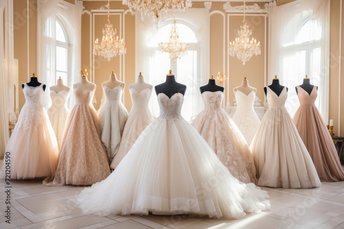 Luxury wedding dresses in bridal salon