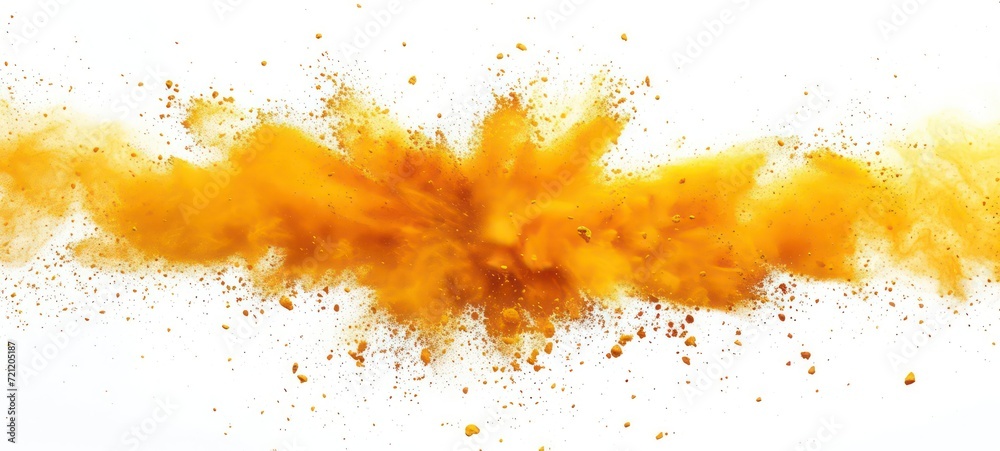 Abstract powder splatted background,Freeze motion of yellow powder exploding, throwing orange dust on white background. - obrazy, fototapety, plakaty 