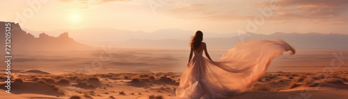 Woman in a chic dress in the desert. Horizontal banner