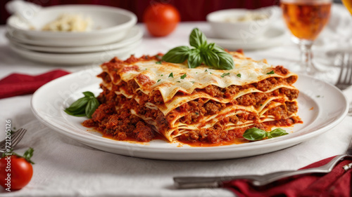 portion of lasagna bolognese with meat sauce in a white plate on wooden table