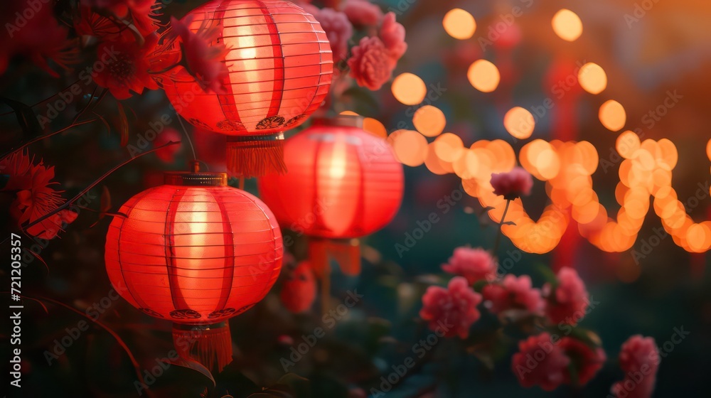 Fototapeta premium Multiple hanging red paper lantern as decoration for Chinese New Year celebration with soft and blurry pink flower tree as the foreground