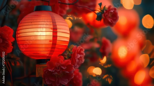 Multiple hanging red paper lantern as decoration for Chinese New Year celebration with soft and blurry pink flower tree as the foreground