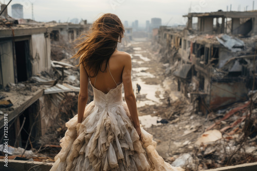 Woman in a lush evening dress on the ruins of a war-torn city