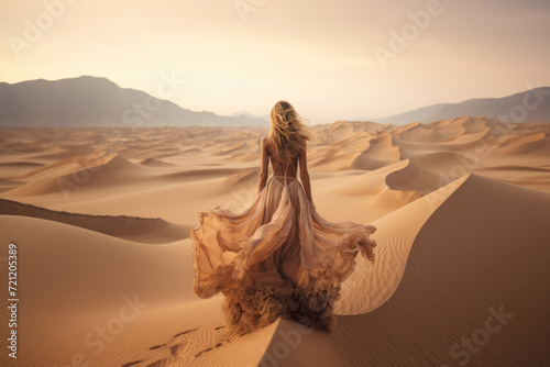 Woman in amazing long fluffy dress in the desert