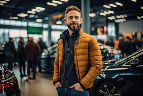 man customer buyer client in a car dealership choosing a new car