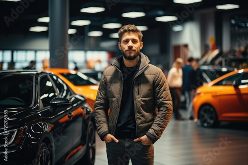 young male client of a car dealership selects a car