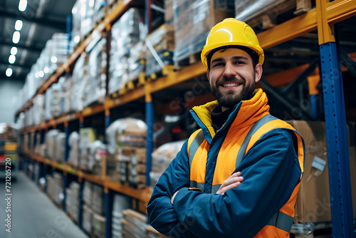 a worker in the warehouse is smiling, portrait. Warehouse shelves on background. Cinematic look portrait , yellow elements © Scott