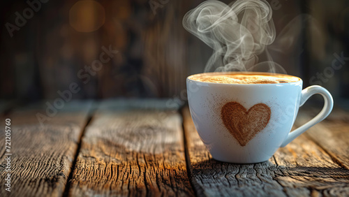 Traditional Coffee Cup With Heart-Shaped Steam On Rustic Wood 