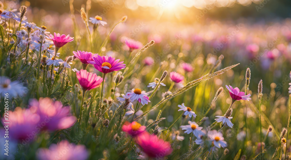 Obraz premium Peaceful meadow with Colorful wildflowers and a radiant sunset in the background