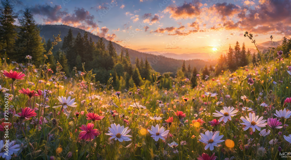 Obraz premium Peaceful meadow with Colorful wildflowers and a radiant sunset in the background