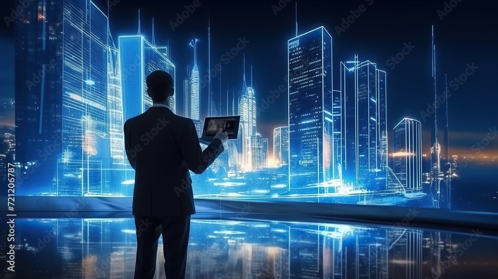 A man using digital tablet and modern buildings