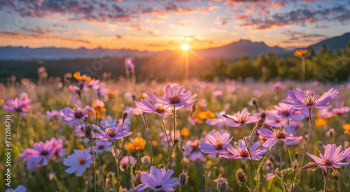Peaceful meadow with Colorful wildflowers and a radiant sunset in the background