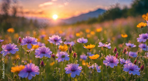 Peaceful meadow with Colorful wildflowers and a radiant sunset in the background © JackBoiler