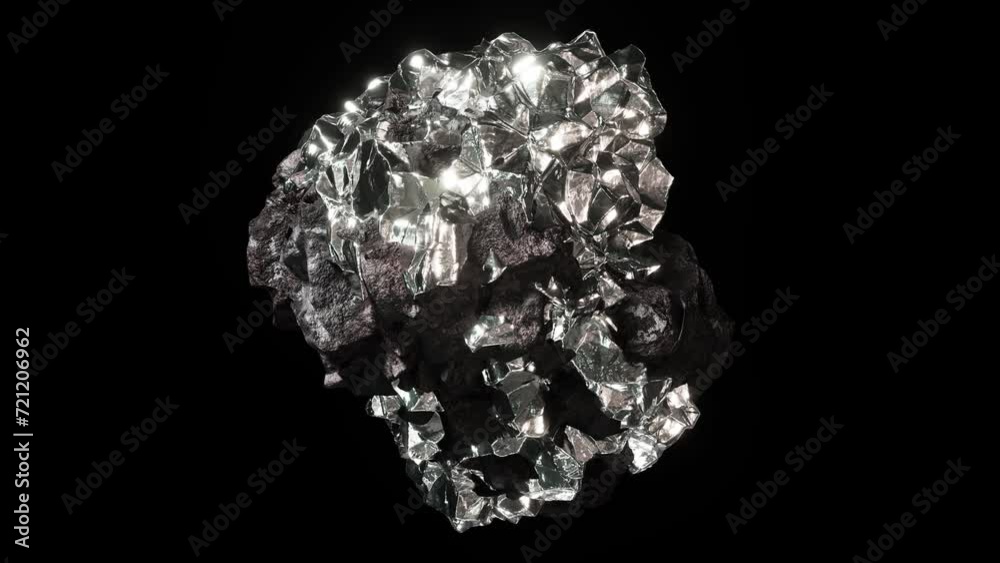 Realistic abstract looping 3D animation of the spinning piece of ore or rock with shining precious pure platinum or silver inclusions rendered in UHD with alpha matte