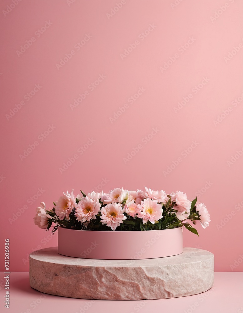 Grey stone podium with flowers on a pink background