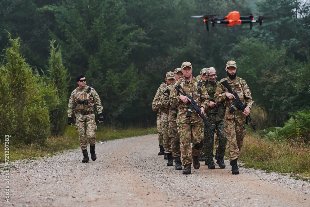 An elite military unit, led by a major, confidently parades through dense forest, showcasing precision, discipline, and readiness for high-risk operations An elite military unit, led by a major, confidently parades through dense forest, showcasing precision, discipline, and readiness for high-risk operations