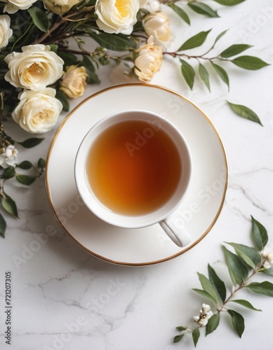 a cup of tea on a white background with flowers