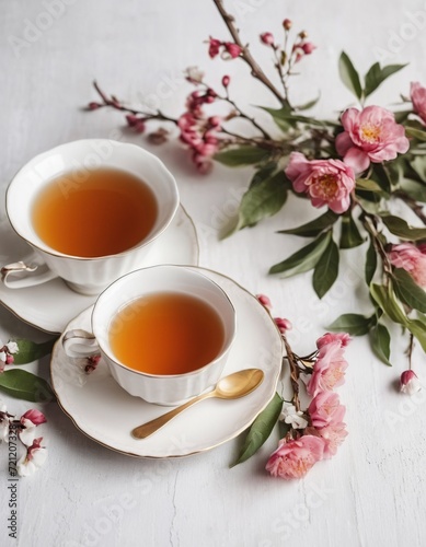 a cup of tea on a white background with flowers