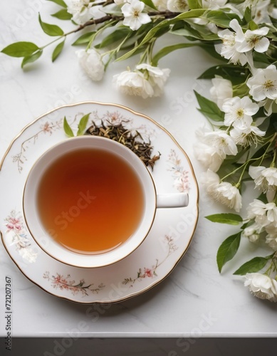 a cup of tea on a white background with flowers