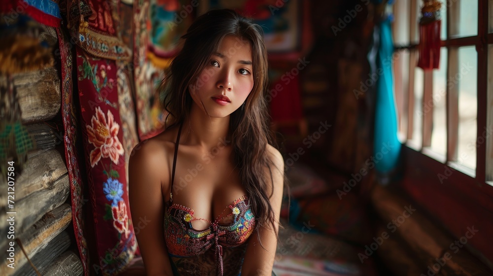 Beautiful Tibetan Girl Amidst Traditional Decor