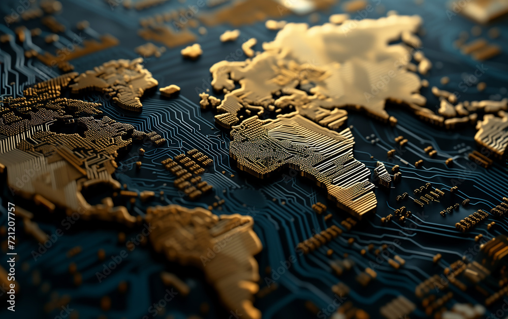 Naklejka premium World Map as a Circuit Board. The Interconnected World.