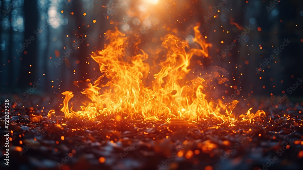 Intense flames engulfing the forest ground, creating a dramatic and dynamic scene of natural fire, with sparks and embers flying through the air. - obrazy, fototapety, plakaty 
