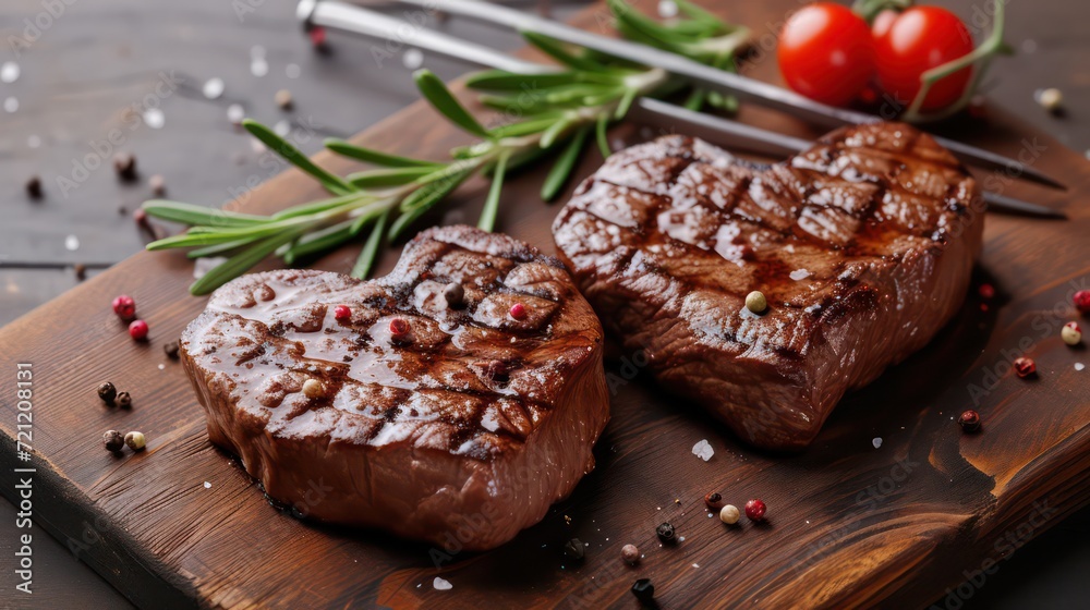 two grilled beef steaks in the form of a heart with spices for Valentine's day on a stone background with copy space for your text. dinner concept for two for Valentine's Day celebration two grilled beef steaks in the form of a heart with spices for Valentine's day on a stone background with copy space for your text. dinner concept for two for Valentine's Day celebration