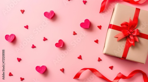 Valentine or Mother day festive border composition with gift or present box and many red hearts on pastel pink background top view. Flat lay greeting card. © Ibad